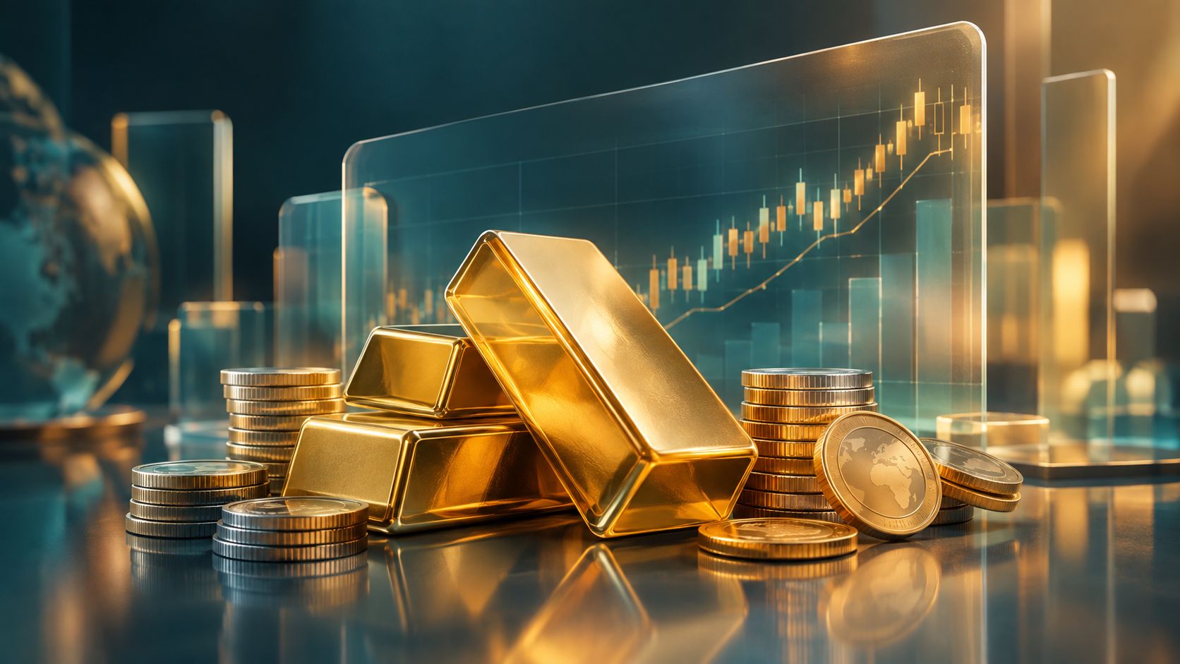 Gold bars next to currency coins with a price chart backdrop